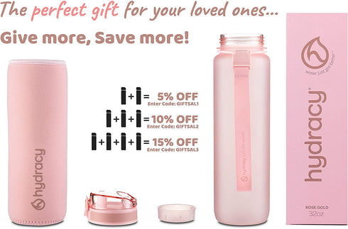 Hydracy Water Bottle with Time Marker - Large 1 Liter 32 Oz BPA Free Water Bottle -Leak Proof & No Sweat Gym Bottle with Fruit Infuser Strainer -Ideal Gift for Fitness or Sports & Outdoors - Rose Gold